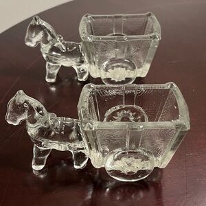 Pair of Vintage Clear Glass Horse with Carts Candy Dishes